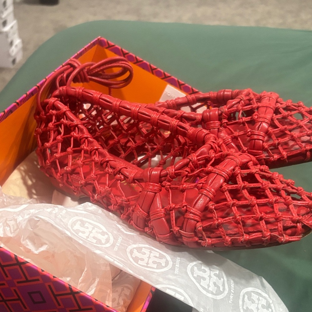 Tory Burch Red Woven Leather Slip-Ons